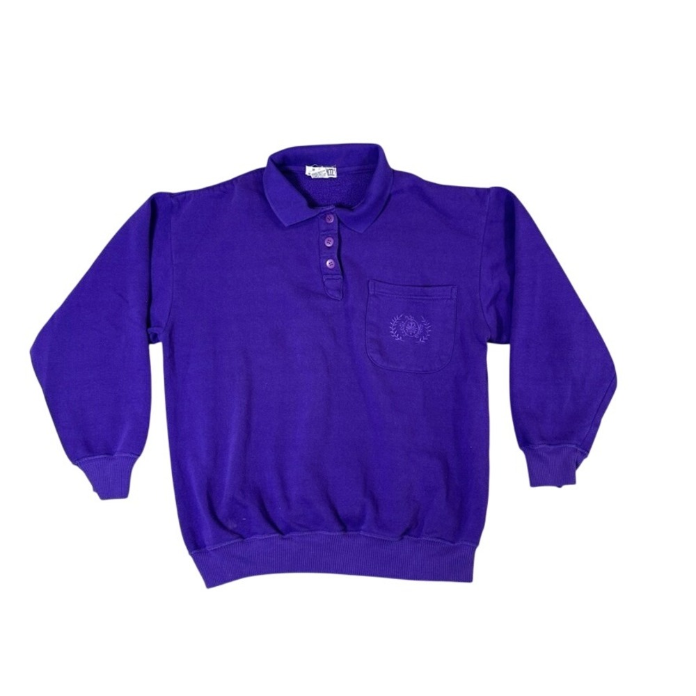 Vintage Plum Purple Polo Collar Sweatshirt Embroidered Crest Pocket Medium